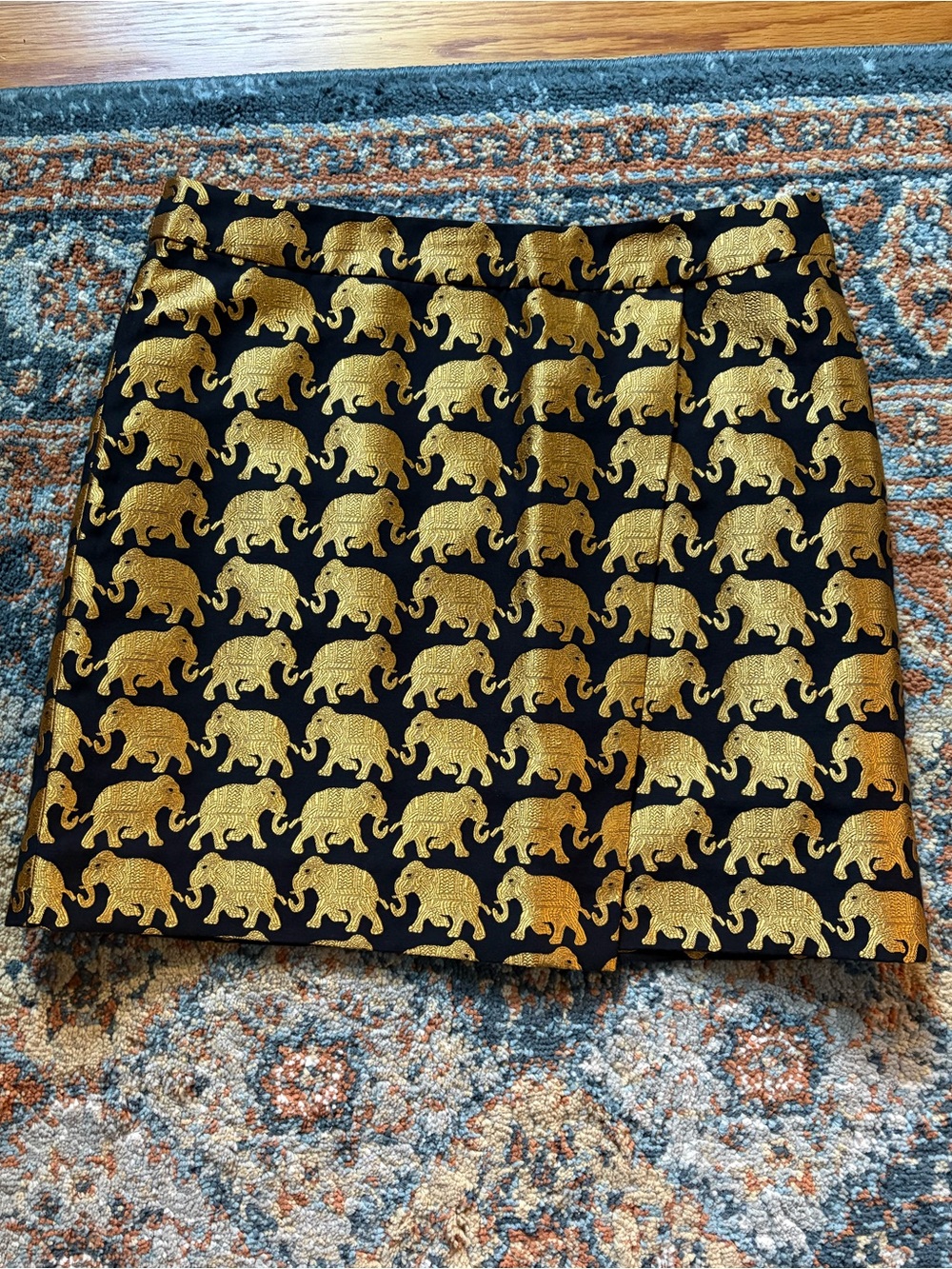 J. Crew Black Mini Skirt with Gold Elephant Jacquard
